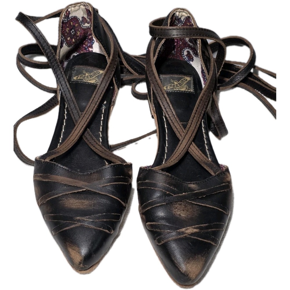Freebird by Steven Eryn Sz 9 Distressed Blk Brown Leather Lace up Ballet Flats